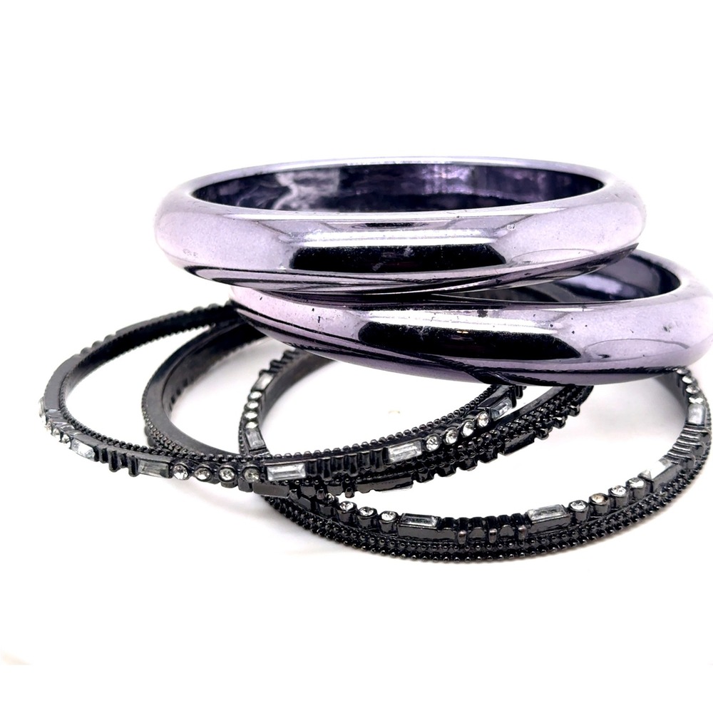 5pc Metallic Black Rhinestone Bangle Bracelet Set Stackable 8 Inch